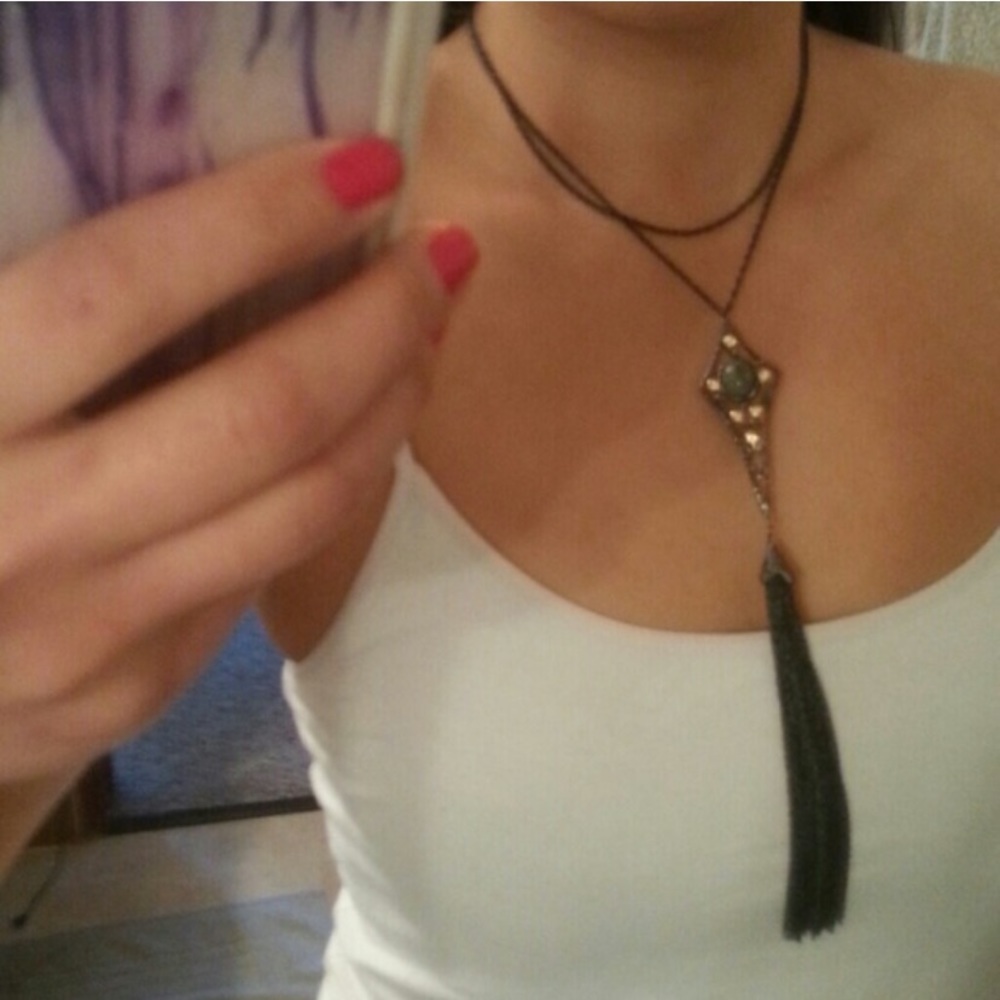 ALEXIS BITTAR •Gunmetal Gold Blue Stone Jardin De Papillon Lace Tassel Necklace